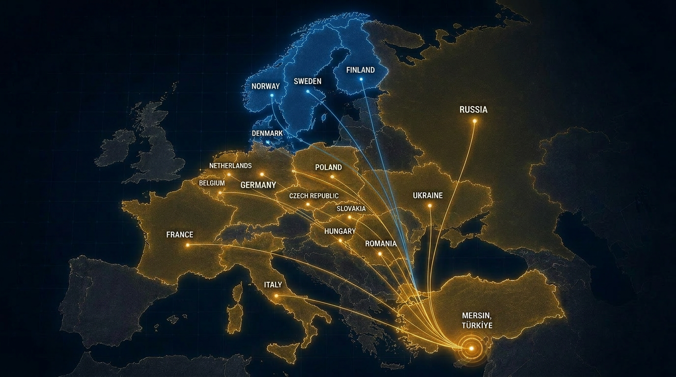 Tetik International Logistics route map between Mersin, Türkiye and Europe